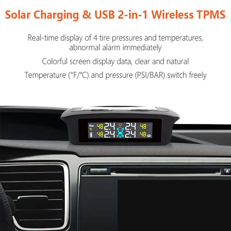 TPMS Sensor Tire Pressure Monitoring System Power Universal Wireless Real-time Displays 4 Tire Pressure Temperature Solar TPMS TPMS Sensor Tire Pressure Monitoring System Power Universal Wireless Real-time Displays 4 Tire Pressure Temperature Solar TPMS