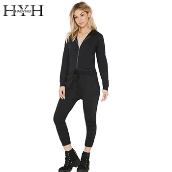 

HYH HAOYIHUI Solid Black Women Jumsuit Autumn High Waist Long Sleeve Jumpsuit Street Metallic Female Casual Slim Jumpsuits