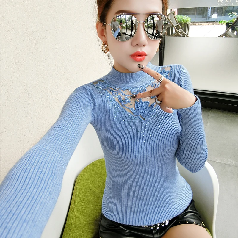 Fashion Lace Embroidery Half Turtleneck Women Sweaters and Pullovers 2018 Autumn Winter Elasticity Slim Knitted sweter mujer Fashion Lace Embroidery Half Turtleneck Women Sweaters and Pullovers 2018 Autumn Winter Elasticity Slim Knitted sweter mujer