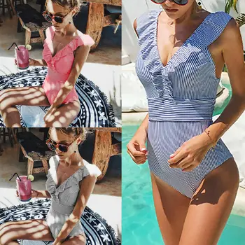 

Women Swimsuit V Neck Blue Black Red Striped Women Swimsuit One Piece Ruffled Swimwear Young Girl Love 2019 New