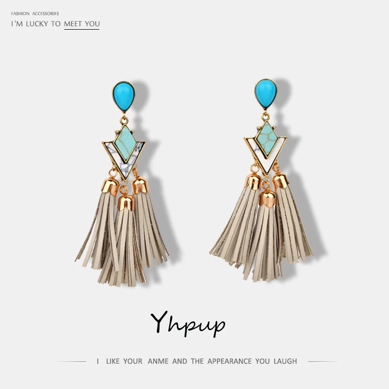 

Yhpup Vintage PU Leather Tassel Dangle Earrings For Women Party Fashion Stone Statement Bohemian Earrings Brincos oorbellen