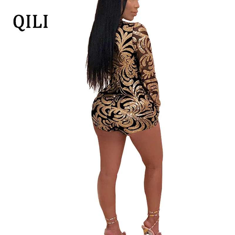New QILI Club Women's Deep V Neck Sequined Jumpsuit with Long Sleeves and Mesh Playsuits image 2
