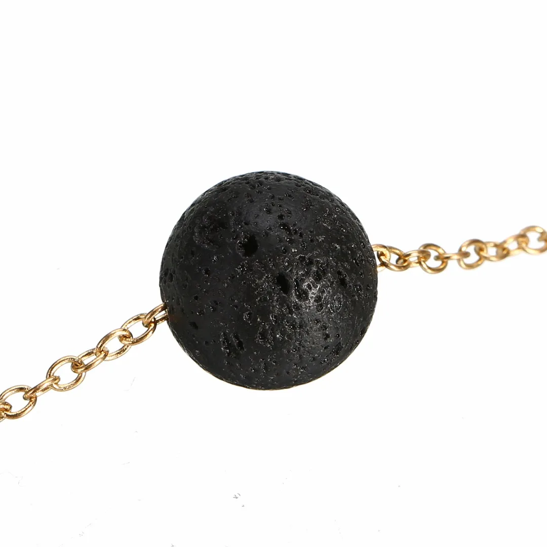 New Punk Black Lava Stone Gold Chain Bracelet For Women Vintage Jewelry Shellhard Charm Round Ball Essential Oil Diffuser Bangle
