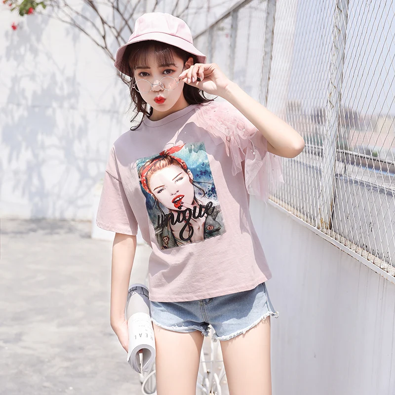 Camisetas Mujer Verano 2020 летние топы кружевная футболка Женская Корейская Футболка с