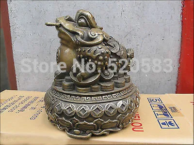 

10"Good luck Chinese Feng shui bronze bi wealth toad yuan bao Jin Chan statue