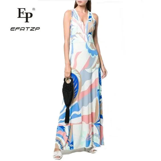 

EFATZPNew Fahion 2019 Designer Luxury Maxi Dress Women's sleeveless Colorfu Geometry Print XXL Stretch Jersey Spandex Long Dress