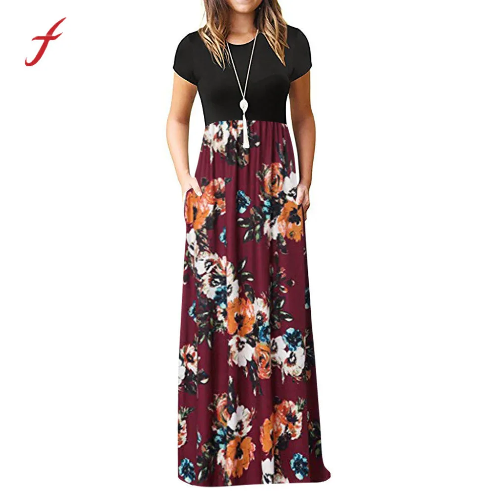 

Feitong Bohemian Dress Women's Casual Sleeve Elegant Casual Sexy O-neck Print Maxi Tank Long Dresses Woman Party Night Vestidos