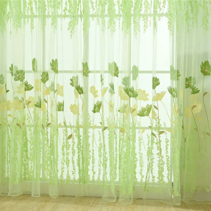 Оконная занавеска s Прозрачная вуаль тюль для спальни гостиной alcony кухня Печатный тюльпан узор солнце затенение занавеска 1 м* 2 м - Цвет: Зеленый