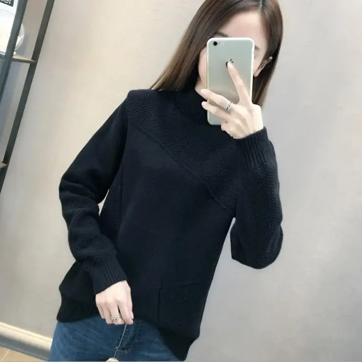 Новое поступление, зима, корейская модная одежда, Женские повседневные пуловеры, вязанные свободные топы с высоким воротом, толстый фиолетовый свитер D659 - Цвет: Black