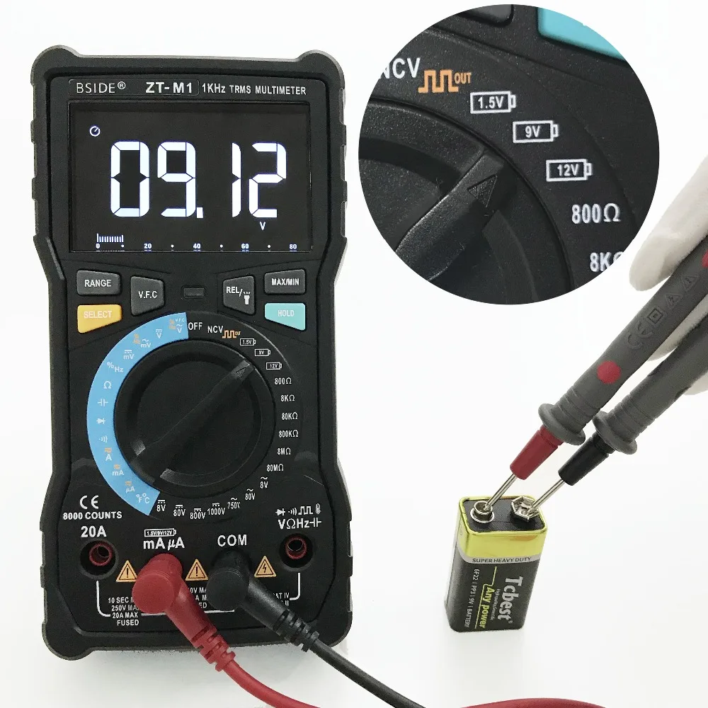 Digital multimeter tester BSIDE ZT-M1 Auto/Manual Digital Multimeter EBTN Triple Display 8000 Counts Battery Test Voltage VFC Square Wave Output
