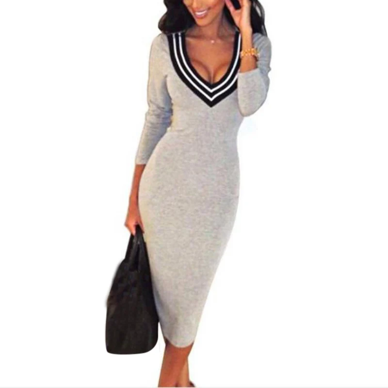 

Sexy Gray/Black/Red/Blue Tight Neck V Knee Length Pencil Women's Dress Elastic Skinny Knitted Dress Vestidos