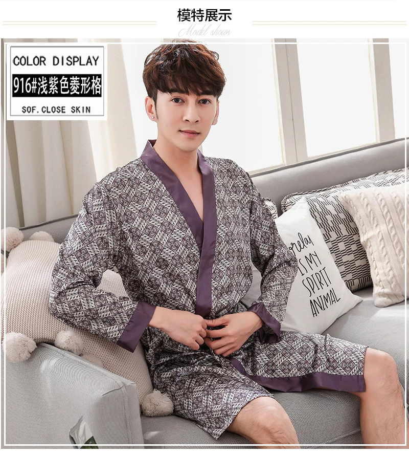 С классическим принтом Летний Тонкий шелковый халат Мужская Ночная сорочка с короткими рукавами размера плюс L-3XL халат кимоно мужская длинная шелковая атласная пижама