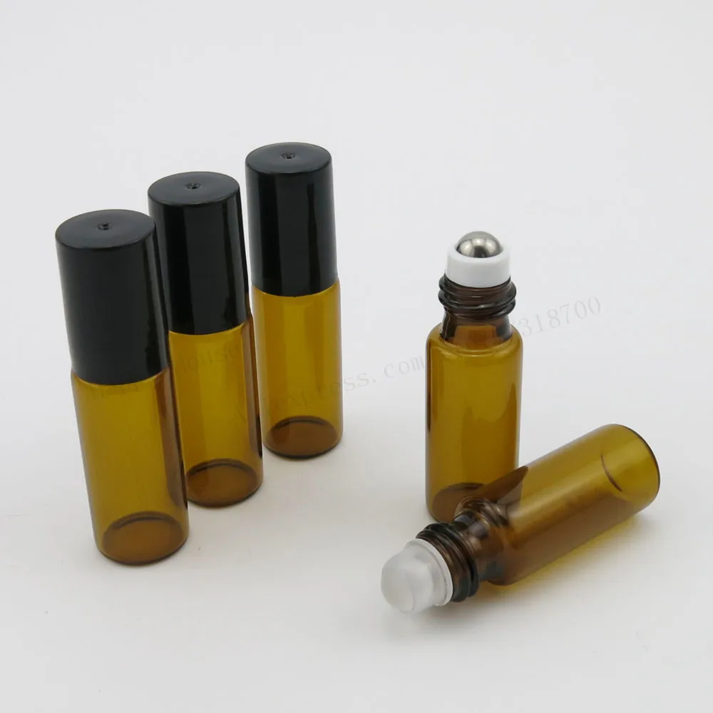 30 x 5ml Mini Amber Glass Roll on Bottle With Black Plastic Lids Stainless Steel Roller 2