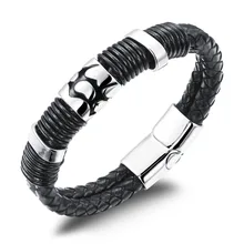 Homem fresco Dupla Camada de Couro Genuíno Homem Homens Jóias Pulseiras de Aço Inoxidável Bangles Rocha 14 MM Largura Acessórios PH944