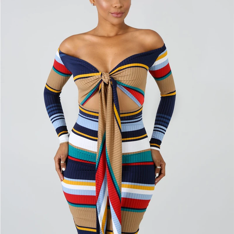 

Sexy Print Off Shoulder Dress Long Sleeve Hollow Out V-Neck Bandage Women Autumn Dress Strapless Bodycon Party Dress
