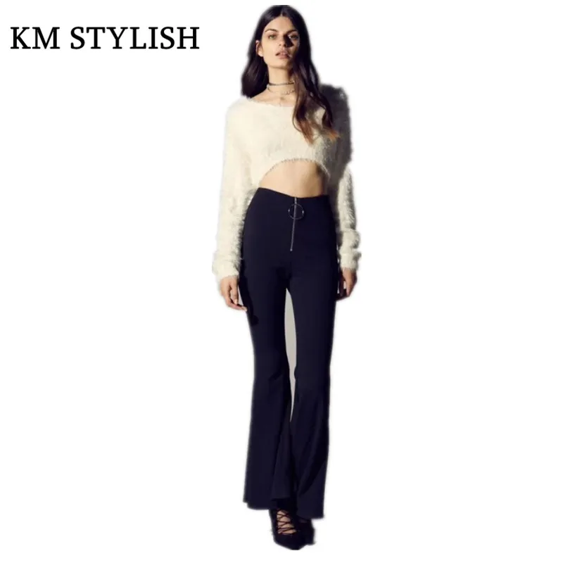 Cintura Negro Alta Pantalones Casuales Nueva De Flare Mujeres Slim 2018 Las wXq7an