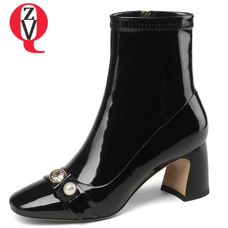 

ZVQ new fashion metal pearl decoration shoes women zip square toe high hoof heels patent leather black white party ankle boots