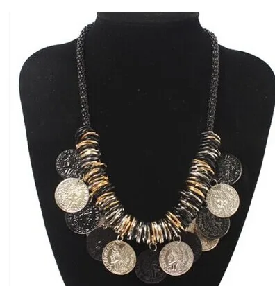 

Gypsy india goth punk antique vintage bib layered Exaggerated coin pendant balck necklace women accessories/colar/collier femme