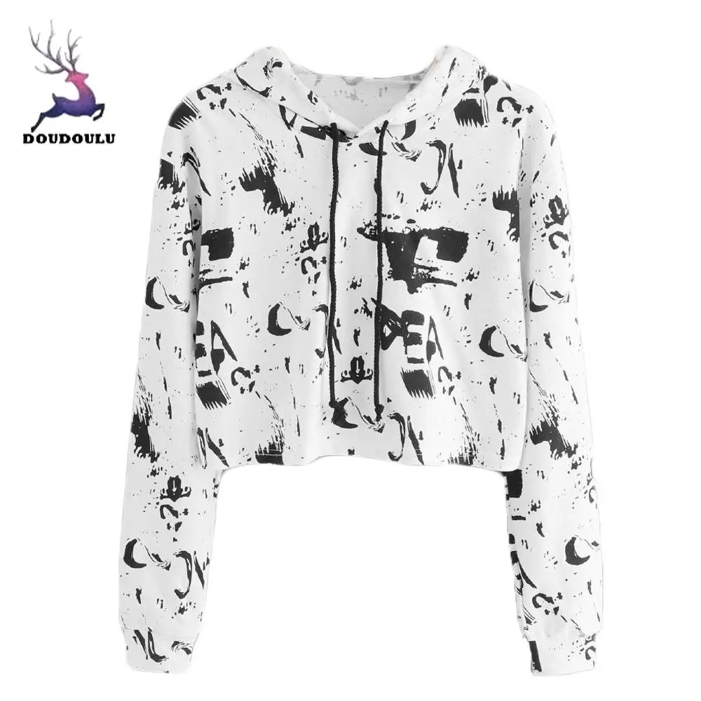 

DOUDOULUWomens Long Sleeve Black and White Printing Hooded Round Neck Sweatshirt Girl Tops Casual Daily Simple Winter Short Tops