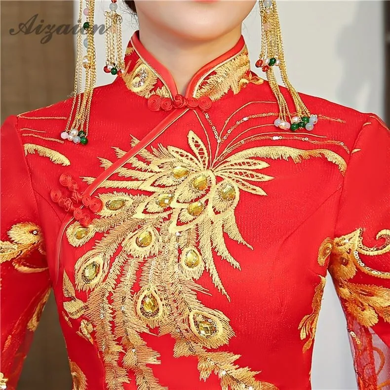 Новый красный одеяние Вышивка Cheongsam современный китайский традиционный свадебный платье Oriental Стиль Длинные платья Вечернее винтажное