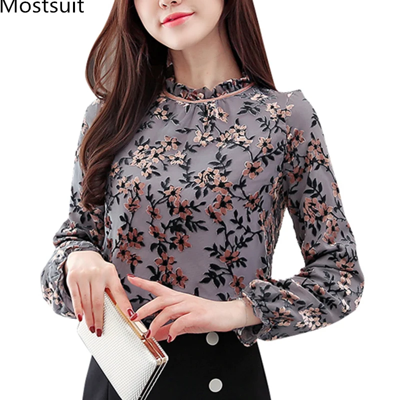 

Floral Printed Chiffon Blusas Mujer Women Elegant Vintage Office Blouses Pullovers Long Sleeve Stand Collar Tops Grey Yellow