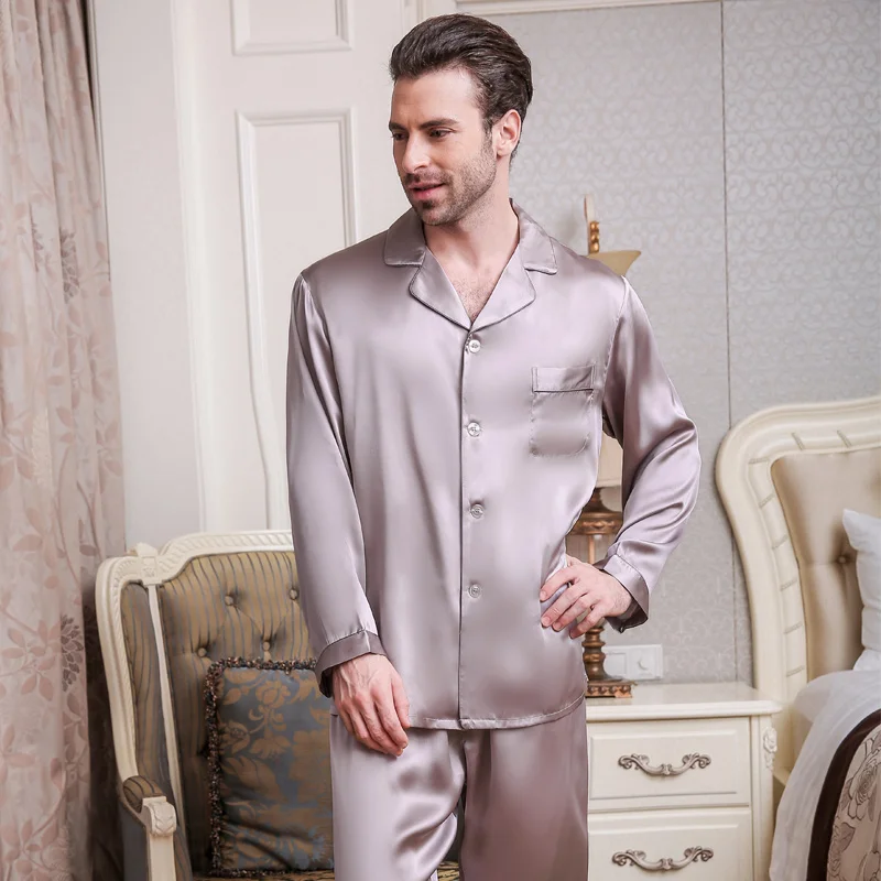 Genuine Silk Pajamas Male Spring Summer Long-Sleeve Pants Two-Piece Pyjama Sets 100% Silkworm Silk Men's Sleepwear T9002