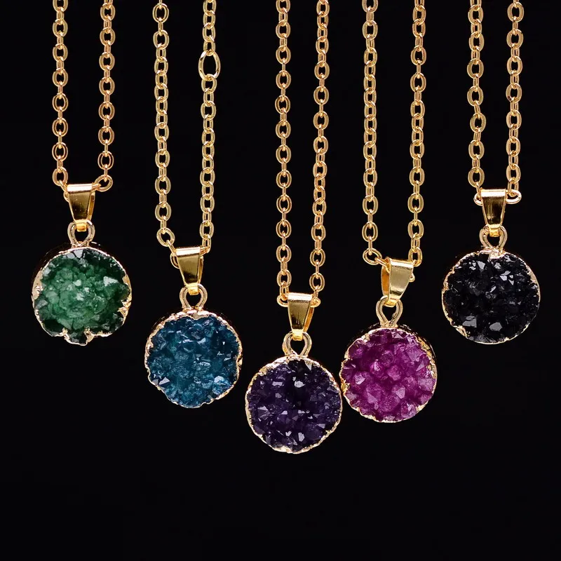 SEDmart Gold Color Chain Round Druzy Quartz Natural Stone Pendant