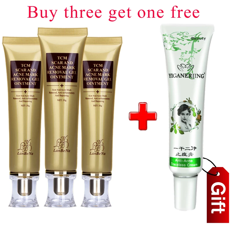 

3 PCS LANBENA Ginseng Extract Scar Removal Blackhead Acne Treatment Bleaching Serum Cream +1piece Anti-acne cream