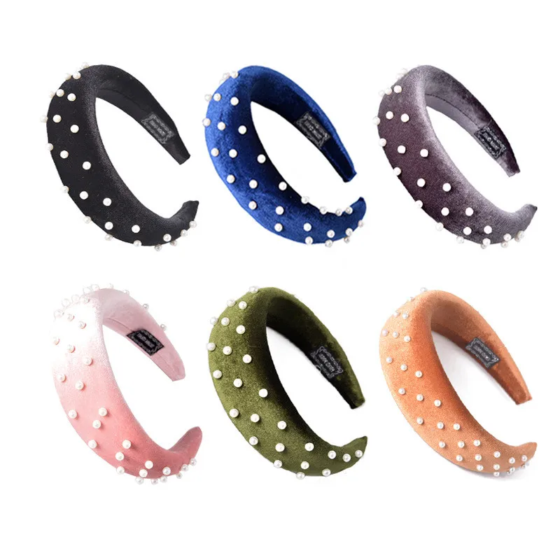 

9 Colors Women Vintage Velvet Pearls Headbands Thick Sponge Hairbands Exaggerate Wide Hair Holder Boho Headwear