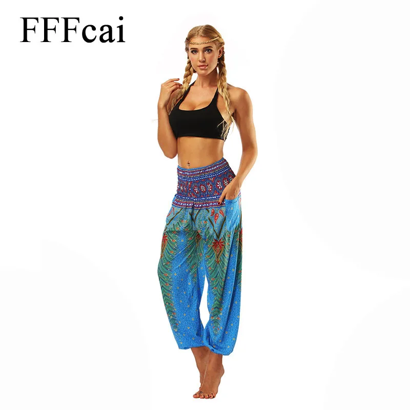 

FFFcai Women Colorful Yoga Leggings Lounge Pant Bloomers Thai Nation Style Wide Leg Loose Pants Women Beach Wear Fitness Sports