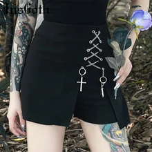 Женские черные облегающие шорты в готическом стиле панк с завышенной талией, с цепочкой, с перекрещивающимися ремешками, популярные шорты, летняя уличная одежда, повседневные модные шорты в стиле хип-хоп