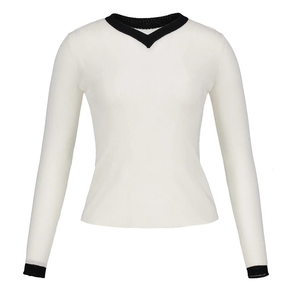 Women White Sweater V Neck Elegant Long Sleeve Thin Knitwear Pullover