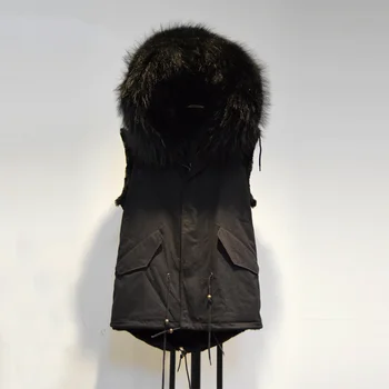 

free shipping pure black men vest with racoon fur collar sleeveless coat hoody jacket women waistcoat thicken fur outerwear