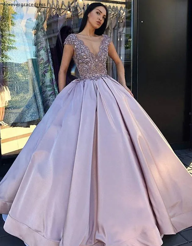 2019 A Line Evening Dresses Arabic Dubai Style Sexy Plunging V Neck Cap Sleeves Applique Sequins Party Prom Gowns Quinceanera Dress BC0248  145 (6)