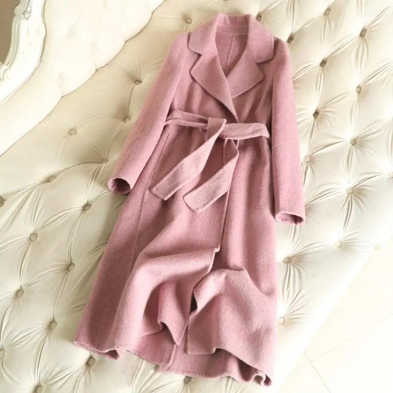 Шерсть Новое поступление шерстяное пальто для женщин с поясом сплошное с v-образным вырезом на пуговицах тонкое прямое офисное женское длинное шерстяное пальто - Color: Pink
