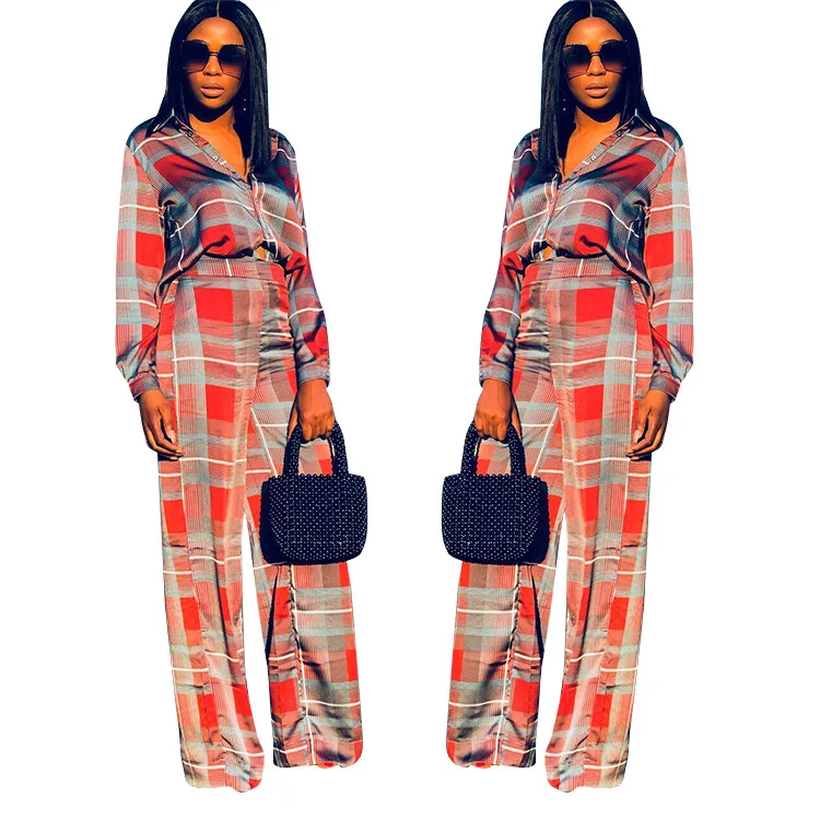 

Stylish plaid printed casual loose suit. Street elegant lady single-breasted full-sleeve shirt top high waist straight trousers