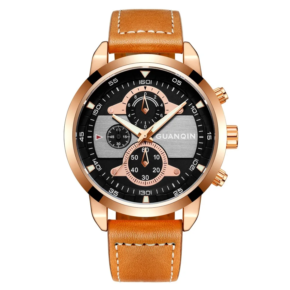 GUANQIN спортивные часы Для мужчин хронограф световой Водонепроницаемый бренд кварцевые Военная Униформа кожа Для мужчин наручные Relogio Masculino