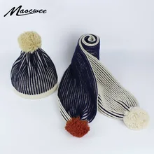 Новинка года, детская зимняя теплая шерстяная плотная вязаная Шапочка, шапки и шарфы, шапка с помпонами, шарф, комплект для маленьких девочек и мальчиков