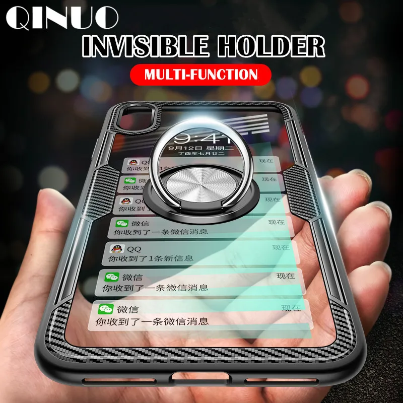 

QINUO Car Holder Case For iPhone 6 6S 7 8 Plus Transparent Magnetic Suction Ring Bracket Case For iPhone X XS Max XR Cover Capa