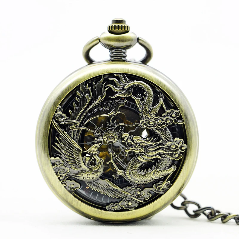 

Bronze Vintage Classic Steampunk Skeleton Dragon&Phoenix Mechanical Hand Winding with Fob Chain for Men Women PJX1118