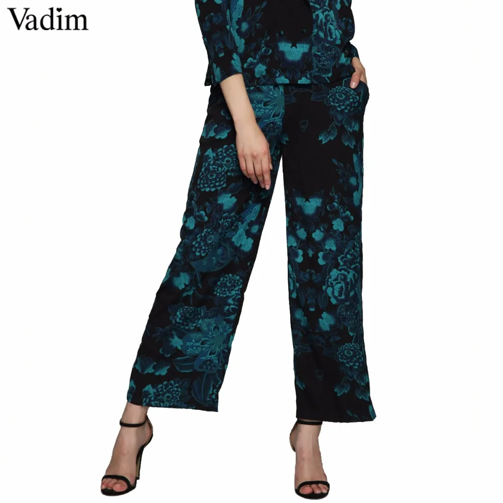 

Vadim vintage floral wide leg pants pockets elastic waist European style ladies casual loose trousers pantalones mujer KZ1161