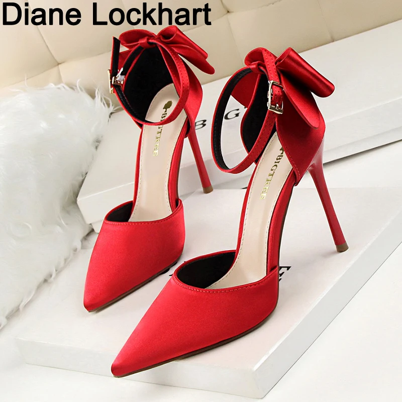 

Women Sandals summer sexy Pointed toe high heel Bow shoes lady brand designer high heel sandals shoes woman Solid Silk Dress