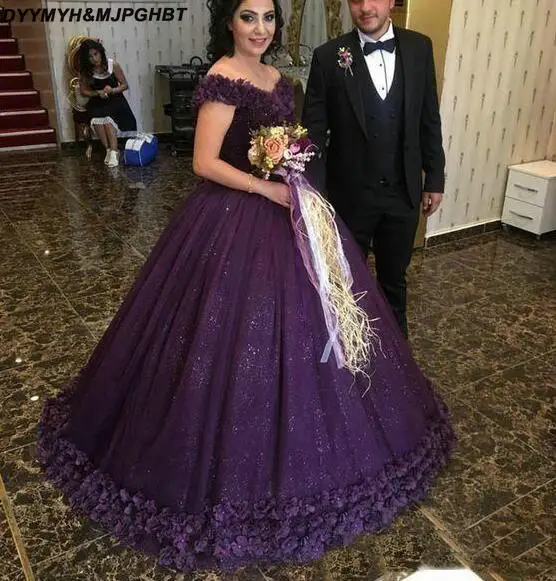 2018 Purple Off the Shoulder Ball Gown Tulle Flowers Evening Dresses Beads Sequins Sweep Train Engagement Dress Pageant Gowns Custom Made_