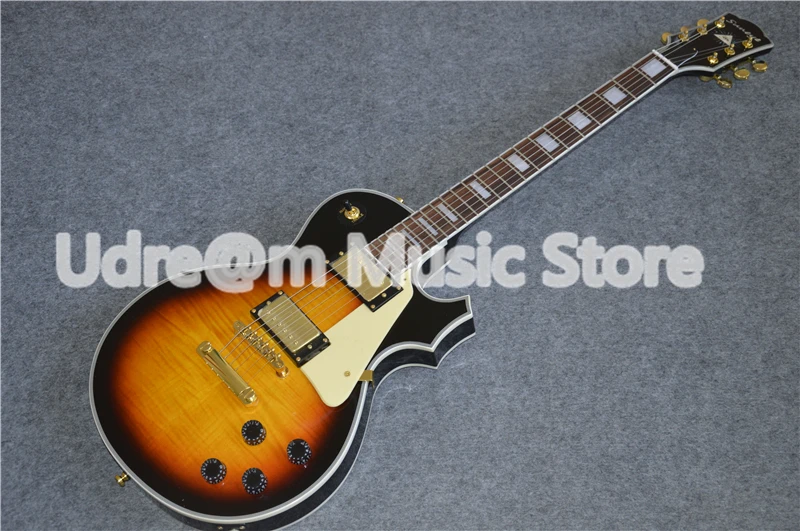 

High Quality Vintage Sunburst Tiger Grain Finish Suneye LP Custom Electric Guitars With Cream Pickguard & Black Guitar Back