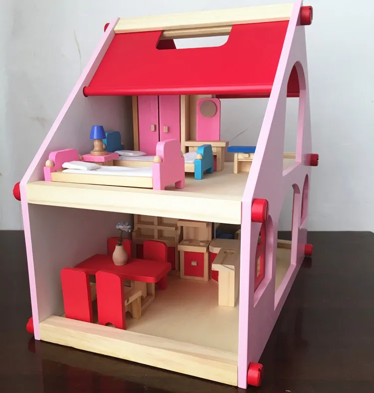 Большие размеры детские деревянные кукольные домики игрушки со всеми комнатами мебели/детские 3 кг большие кукольные домики классические игрушки - Цвет: pink color
