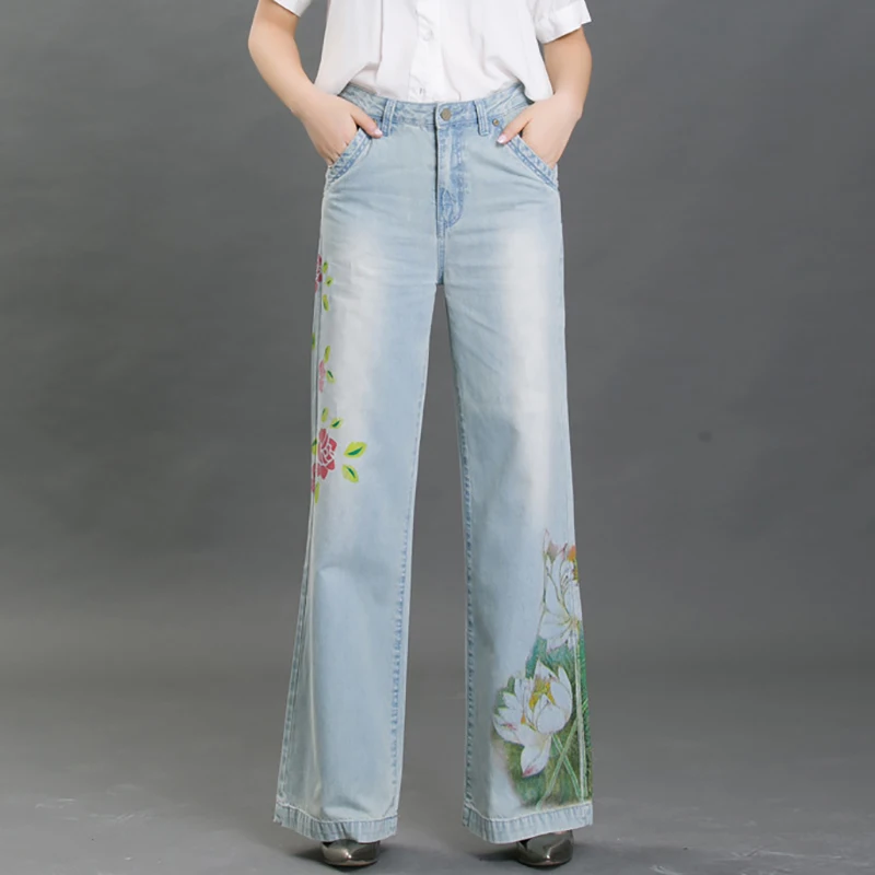 

Casual Women Wide Leg Jeans Pant Female flower print plus size Trousers high Waist Female vintage Long Pants loose Jeans