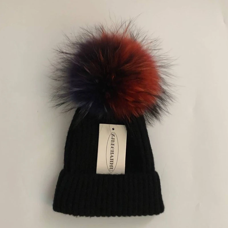 Модные новые помпоны из натурального Лисьего меха норки 18 см Skullies Beanies, шапки для женщин и девочек, зимние теплые шапки, детские шапки Skullies Beanies, шапка - Color: Women Black