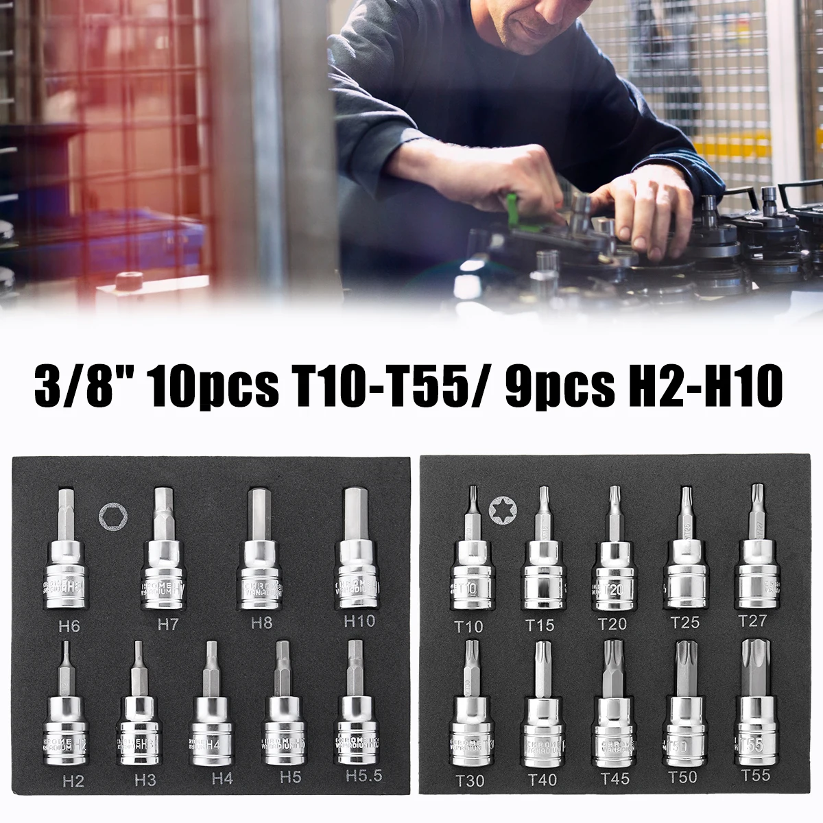 

3/8 Inch Drive Socket 10pcs T10-T55 Torx Socket 9pcs H2-H10 Hex Socket Bit Set Power Tool Kit