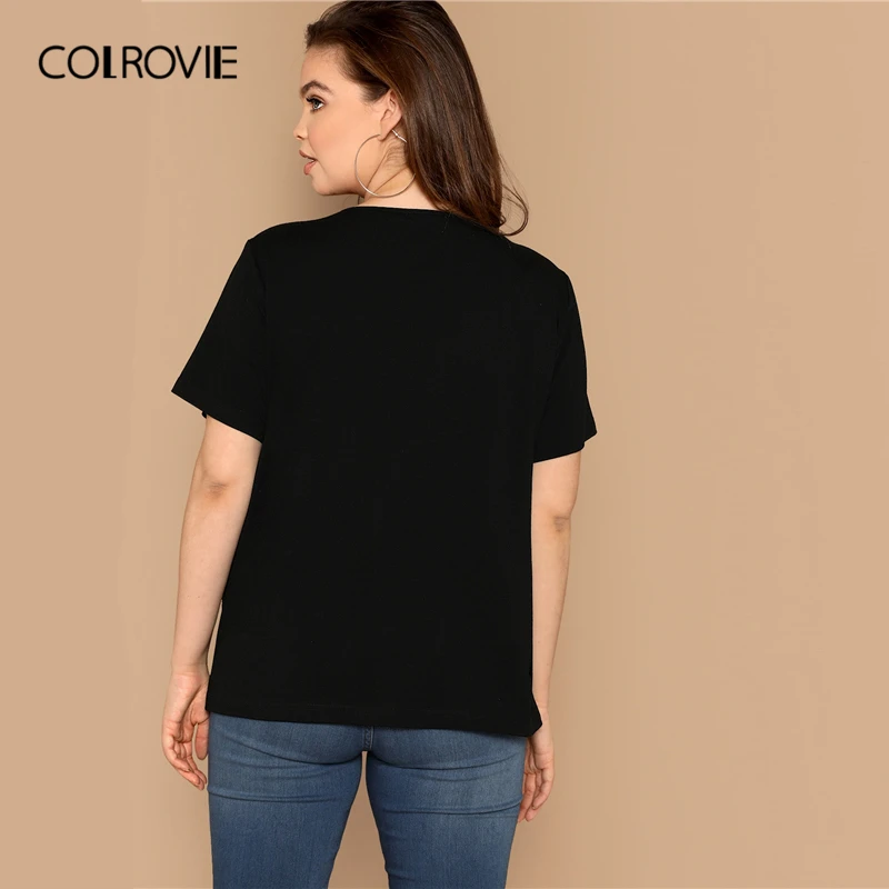 COLROVIE زائد حجم أسود V الرقبة الترتر التصحيح تي شيرت غير رسمي النساء 2019 الصيف الشارع الشهير قصيرة الأكمام تي شيرت الإناث قمم