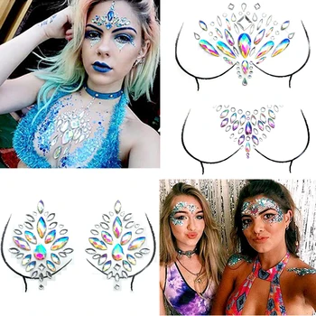 

7 Sheet/Lot Adhesive Crystal Chest Jewels 3D Temporary Tattoo Sticker Stage Rhinestone Flash Tattoos Chest Gem Bikini Decoratio
